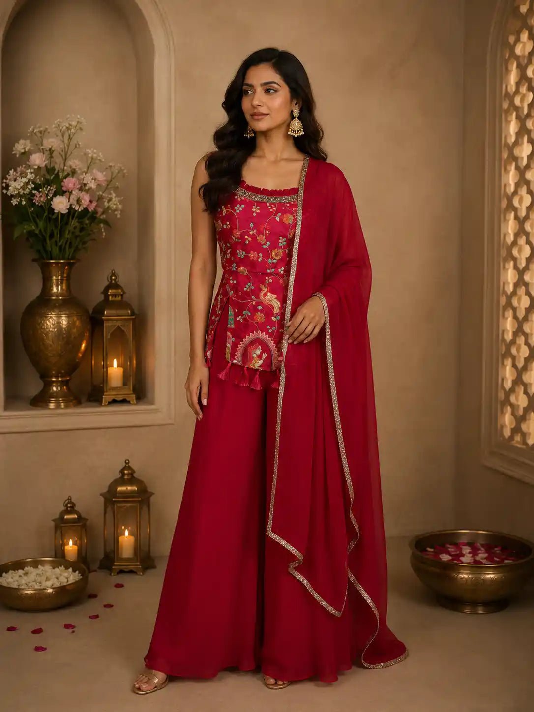 Rani Pink Floral Thread Embroidered Design Georgette Palazzo Suit with Dupatta