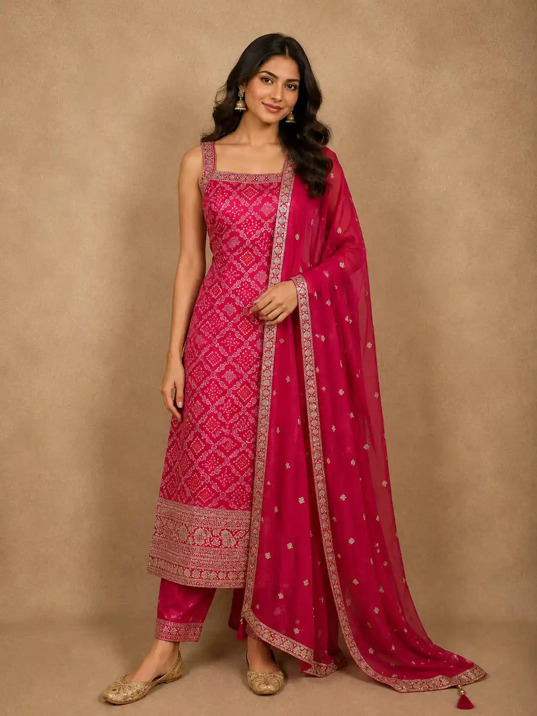 Rani Pink Geometric Zari Woven Design Banarasi Silk Palazzo Suit with Dupatta