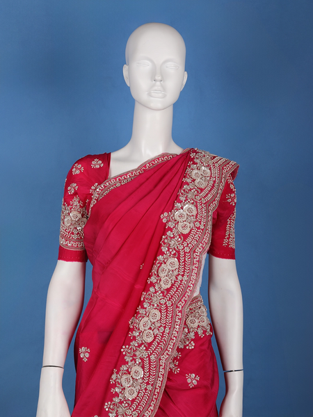 Rani Pink Sequin Design Stone Embellishment Satin Saree - Diadem