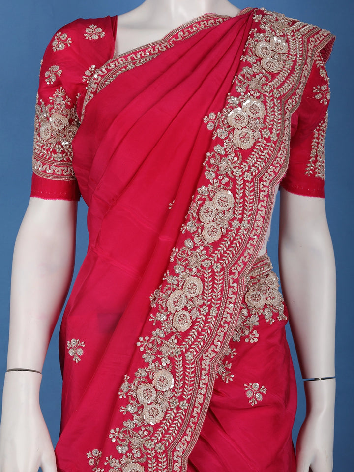 Rani Pink Sequin Design Stone Embellishment Satin Saree - Diadem