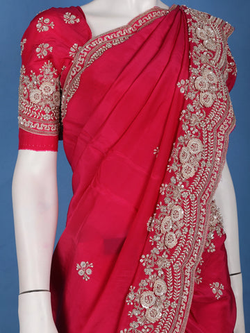 Rani Pink Sequin Design Stone Embellishment Satin Saree - Diadem