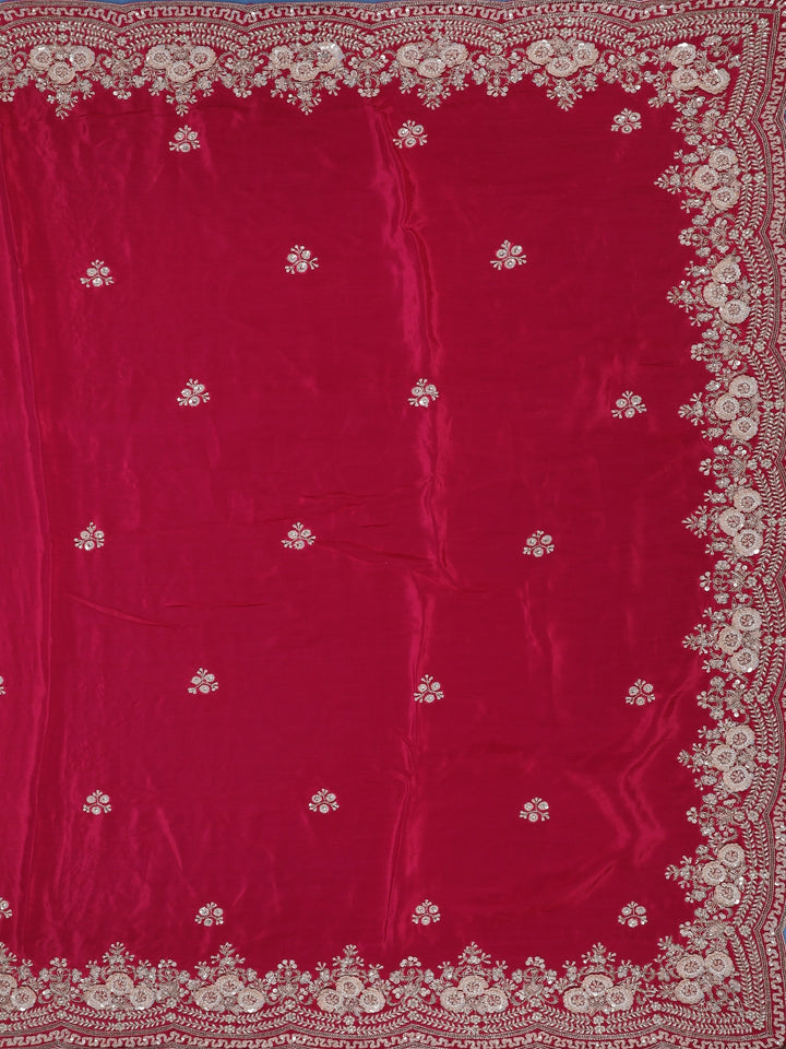 Rani Pink Sequin Design Stone Embellishment Satin Saree - Diadem
