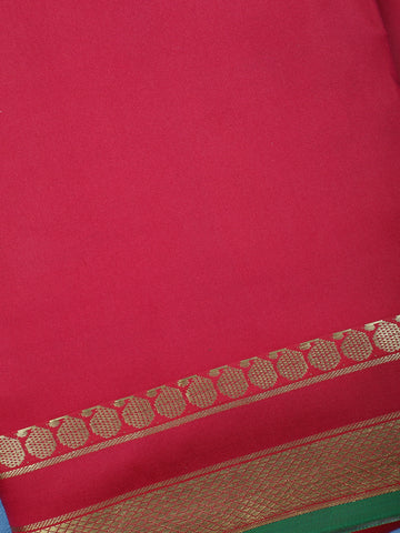 Raspberry Red with a Gold Zari Border and Green Selvedge Edge Soft Silk Saree - Diadem