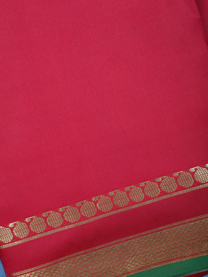 Raspberry Red with a Gold Zari Border and Green Selvedge Edge Soft Silk Saree - Diadem