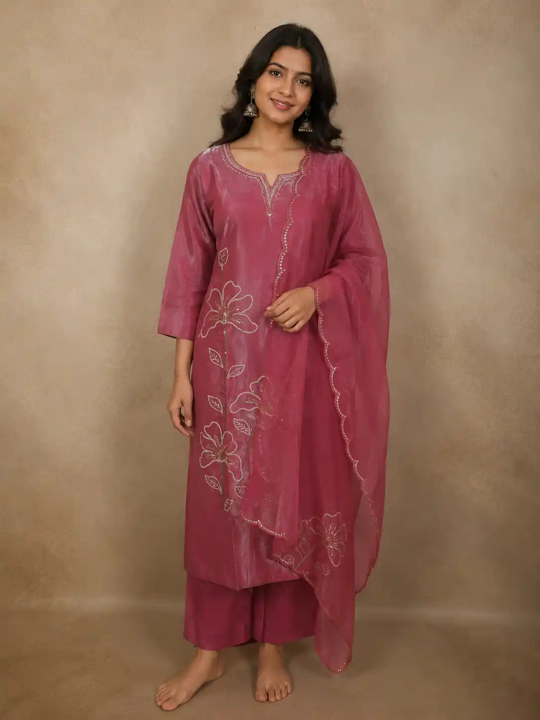 Raspberry Rose Pink Floral Sequins and Beads Embroidered Design Organza Salwar Suit