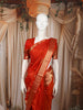 Red-Orange Vertical Stripes and Butta Zari Woven Design Pure Kanchipuram Silk Saree with Matching Zari Border