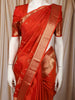 Red-Orange Vertical Stripes and Butta Zari Woven Design Pure Kanchipuram Silk Saree with Matching Zari Border