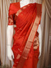 Red-Orange Vertical Stripes and Butta Zari Woven Design Pure Kanchipuram Silk Saree with Matching Zari Border