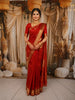 Red-Orange Vertical Stripes and Butta Zari Woven Design Pure Kanchipuram Silk Saree with Matching Zari Border