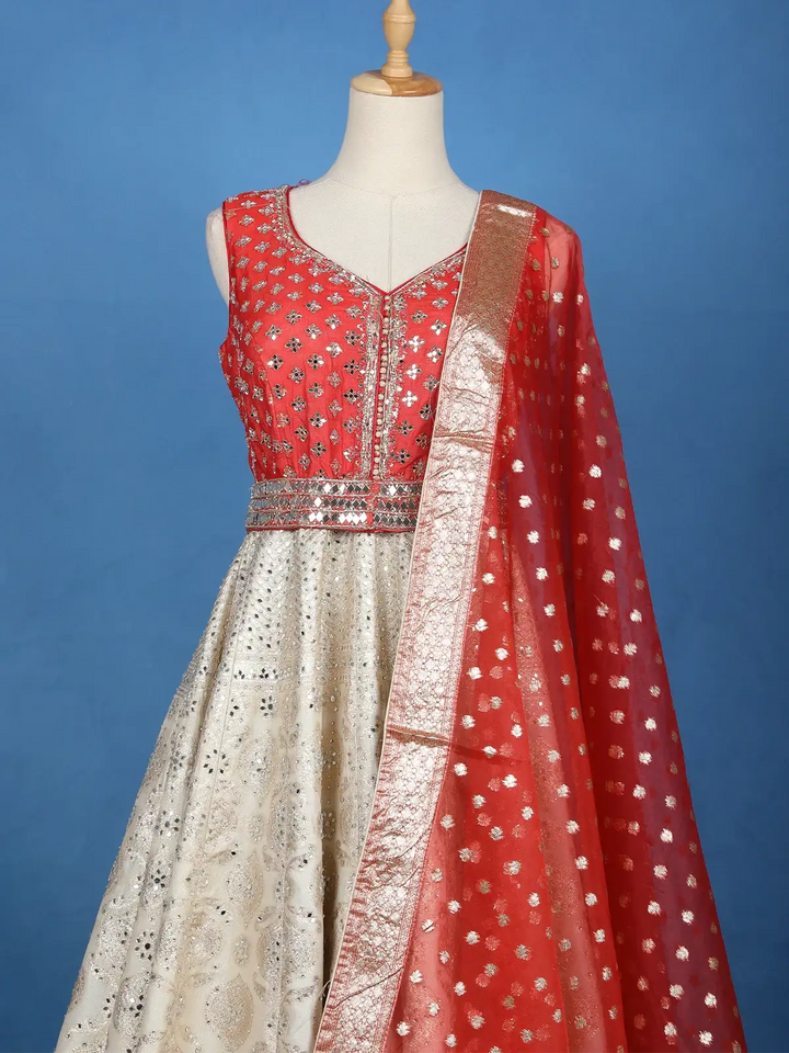 Red And Beige Mirror Work Embroidered Banarasi Silk Gown - Diadem
