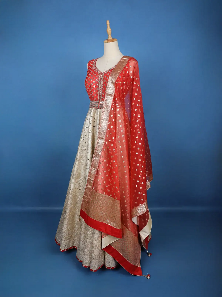 Red And Beige Mirror Work Embroidered Banarasi Silk Gown - Diadem