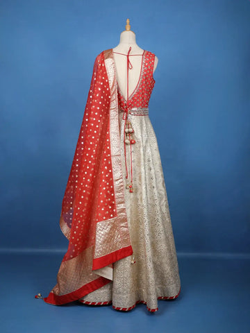 Red And Beige Mirror Work Embroidered Banarasi Silk Gown - Diadem