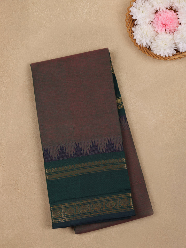 Red And Green Solid Design Cotton Saree With Temple Zari Border - Diadem
