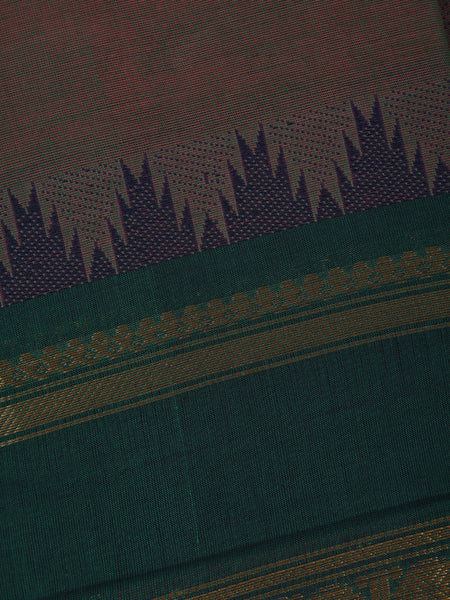 Red And Green Solid Design Cotton Saree With Temple Zari Border - Diadem
