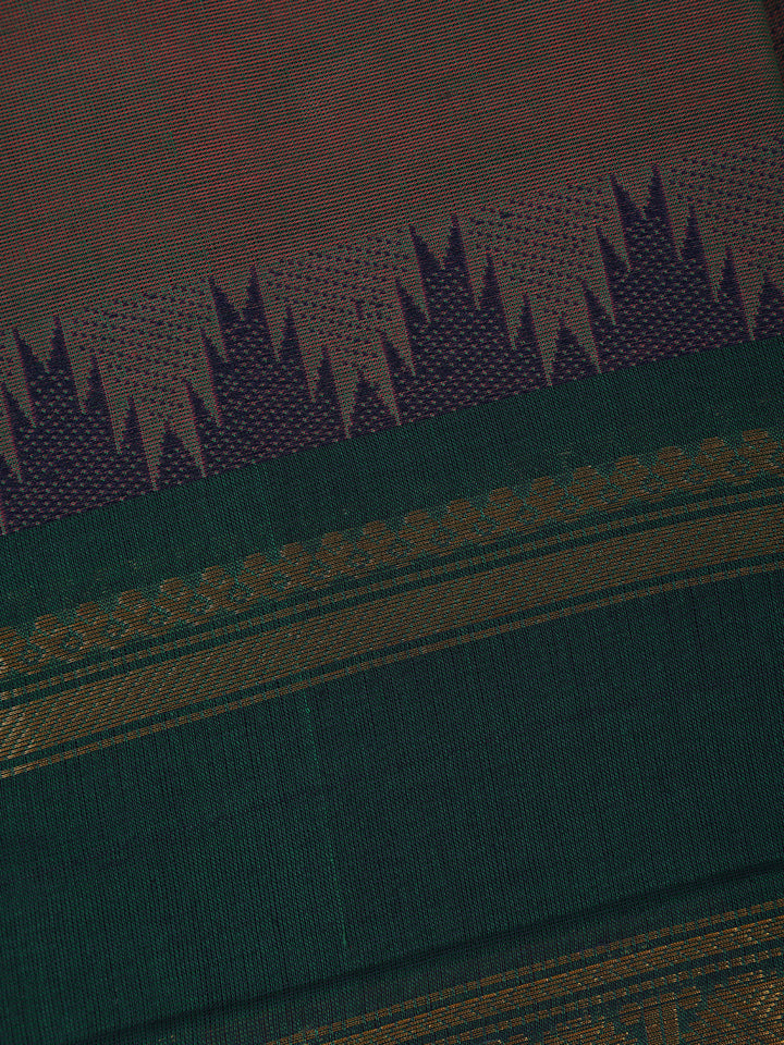 Red And Green Solid Design Cotton Saree With Temple Zari Border - Diadem