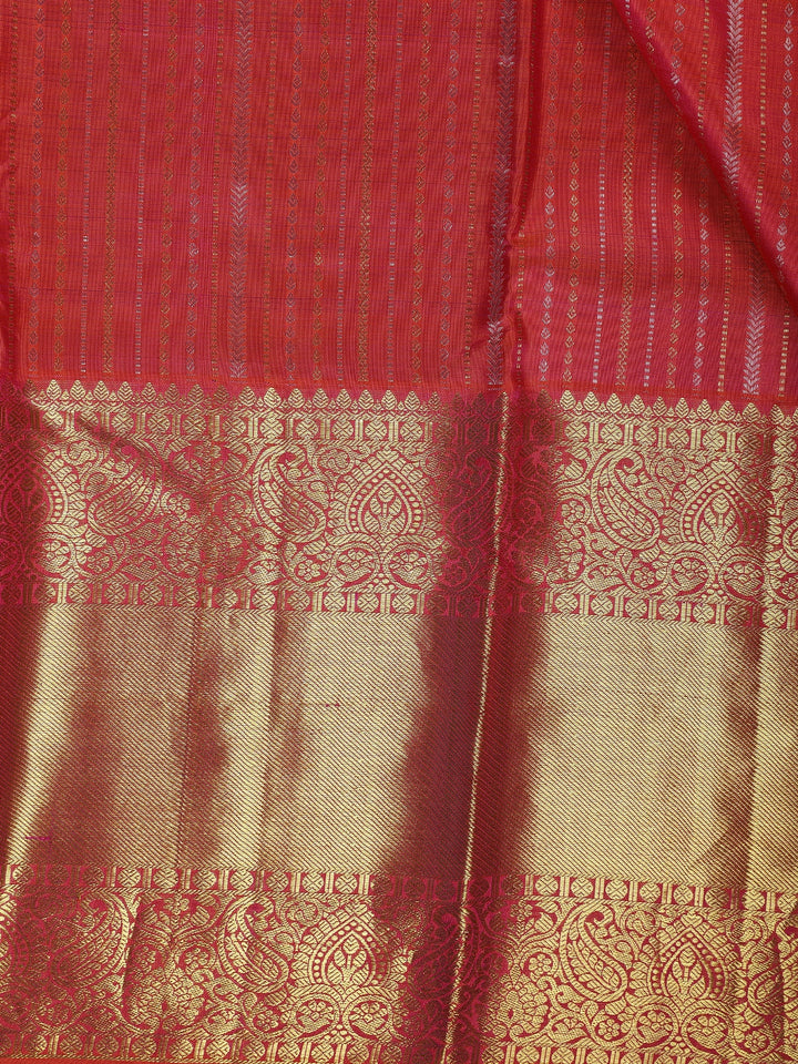 Red And Pink Dual-Tone Floral Stripes Woven Pure Kanchipuram Bridal Silk Saree - Diadem