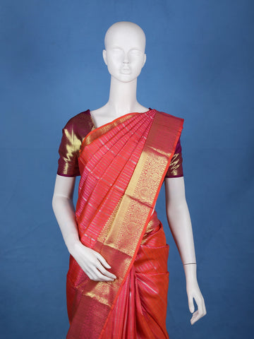 Red And Pink Dual-Tone Floral Stripes Woven Pure Kanchipuram Bridal Silk Saree - Diadem
