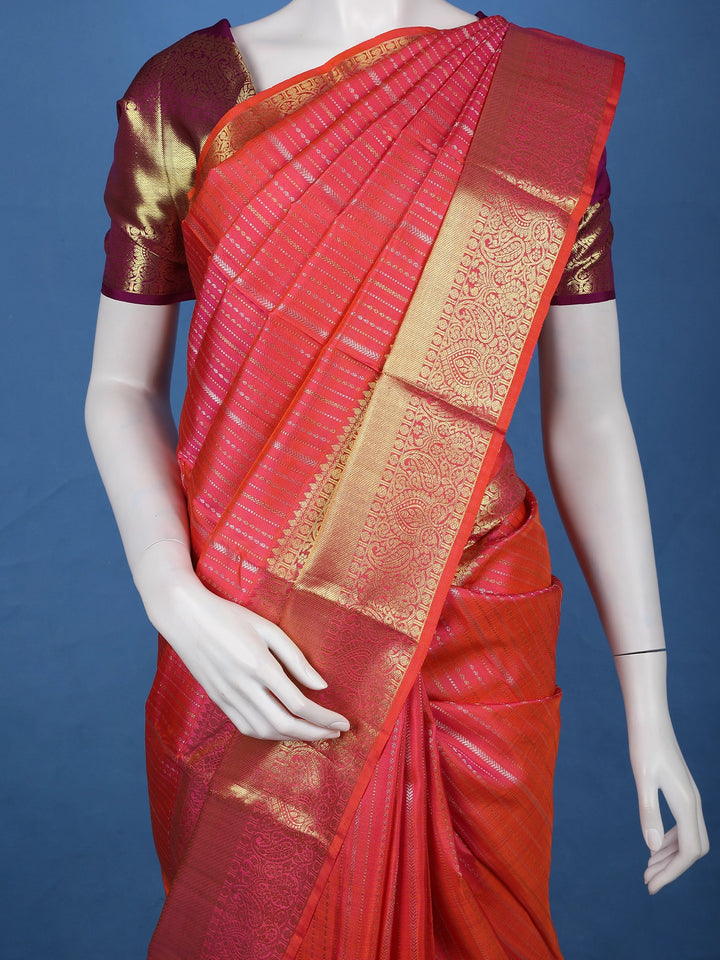 Red And Pink Dual-Tone Floral Stripes Woven Pure Kanchipuram Bridal Silk Saree - Diadem