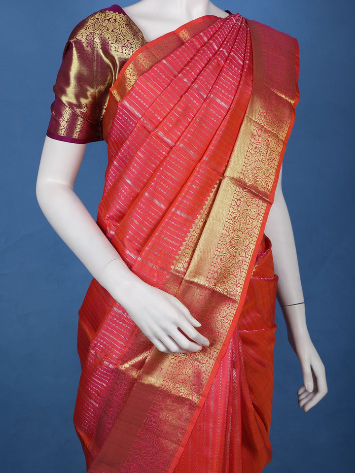 Red And Pink Dual-Tone Floral Stripes Woven Pure Kanchipuram Bridal Silk Saree - Diadem