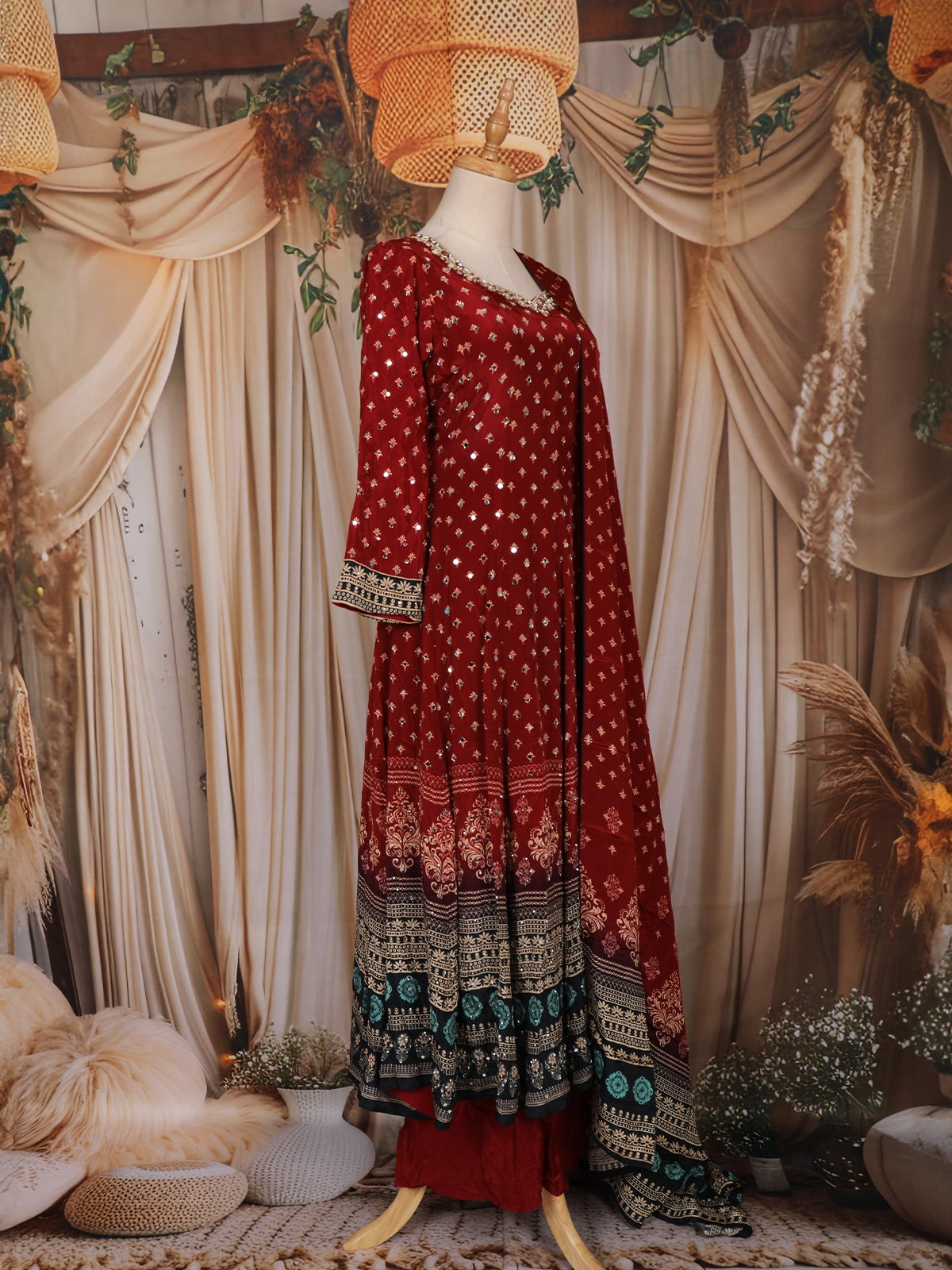 red bandhani dupatta dress Pearl Embroidered Jacquard Gown with Red Bandhani Dupatta