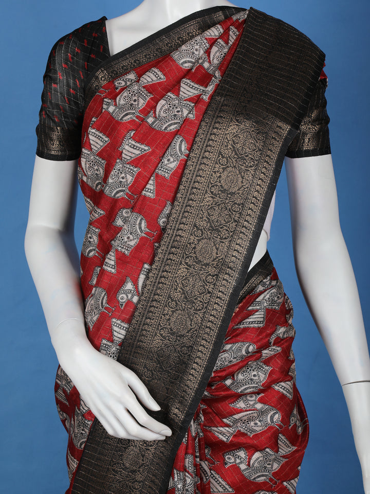 Red Bird Design Tussar Silk Saree - Diadem
