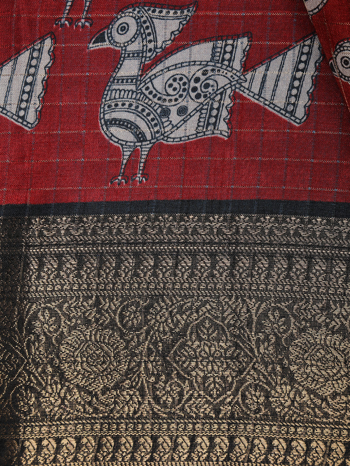 Red Bird Design Tussar Silk Saree - Diadem