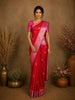 Red Birds Woven Raw Silk Saree with Contrast Pink Zari Border