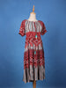 Red Bohemian Printed Cotton Midi Dress with Smocked Waist and Tassel Tie - Diadem