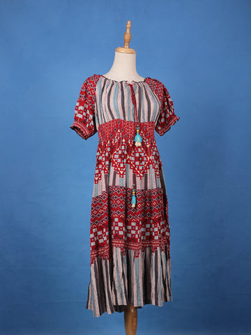 Red Bohemian Printed Cotton Midi Dress with Smocked Waist and Tassel Tie - Diadem