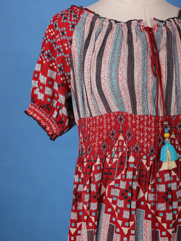 Red Bohemian Printed Cotton Midi Dress with Smocked Waist and Tassel Tie - Diadem