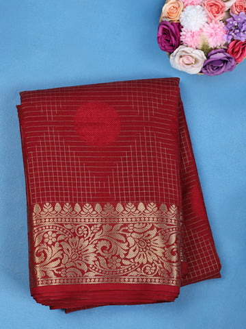 Red Checked Design Mysore Silk Saree - Diadem