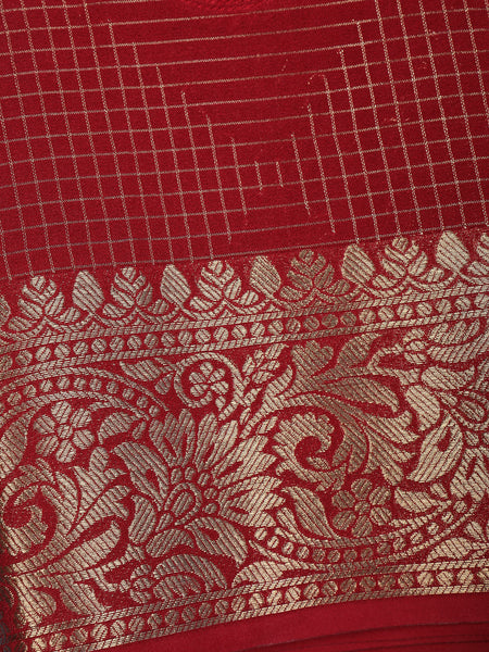 Red Checked Design Mysore Silk Saree - Diadem