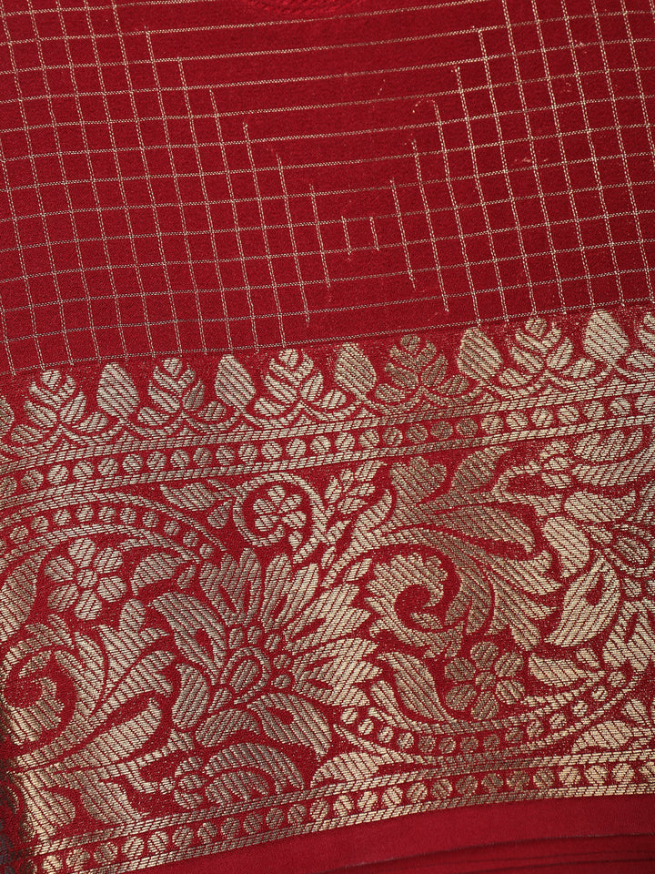 Red Checked Design Mysore Silk Saree - Diadem