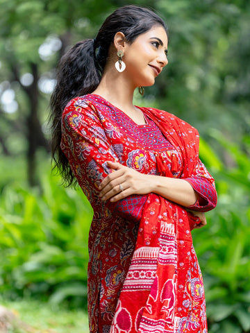Red Floral Design Printed Cotton Salwar Suit - Diadem