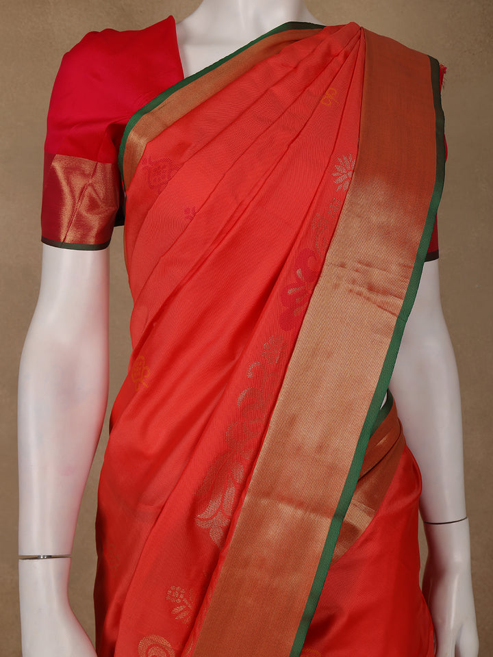 Red Floral Designed Soft Silk Saree - Diadem