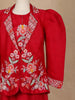 Red Floral Embroidered Coat And Palazzo Set For Girls