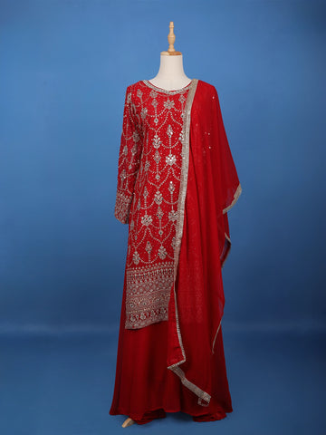 Red Floral Embroidered Georgette Palazzo Suit - Diadem