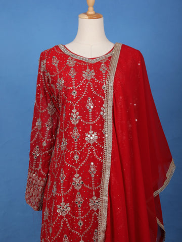 Red Floral Embroidered Georgette Palazzo Suit - Diadem