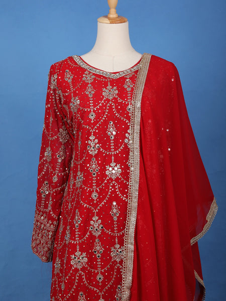 Red Floral Embroidered Georgette Palazzo Suit - Diadem
