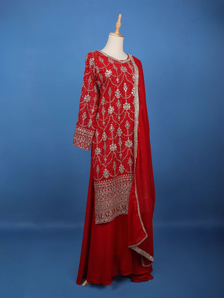 Red Floral Embroidered Georgette Palazzo Suit - Diadem