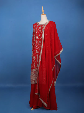 Red Floral Embroidered Georgette Palazzo Suit - Diadem