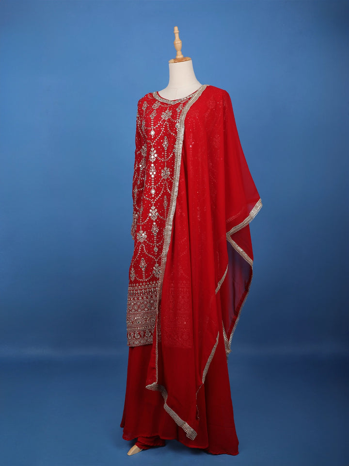 Red Floral Embroidered Georgette Palazzo Suit - Diadem