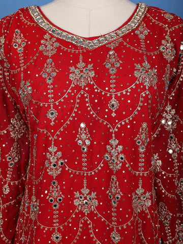 Red Floral Embroidered Georgette Palazzo Suit - Diadem