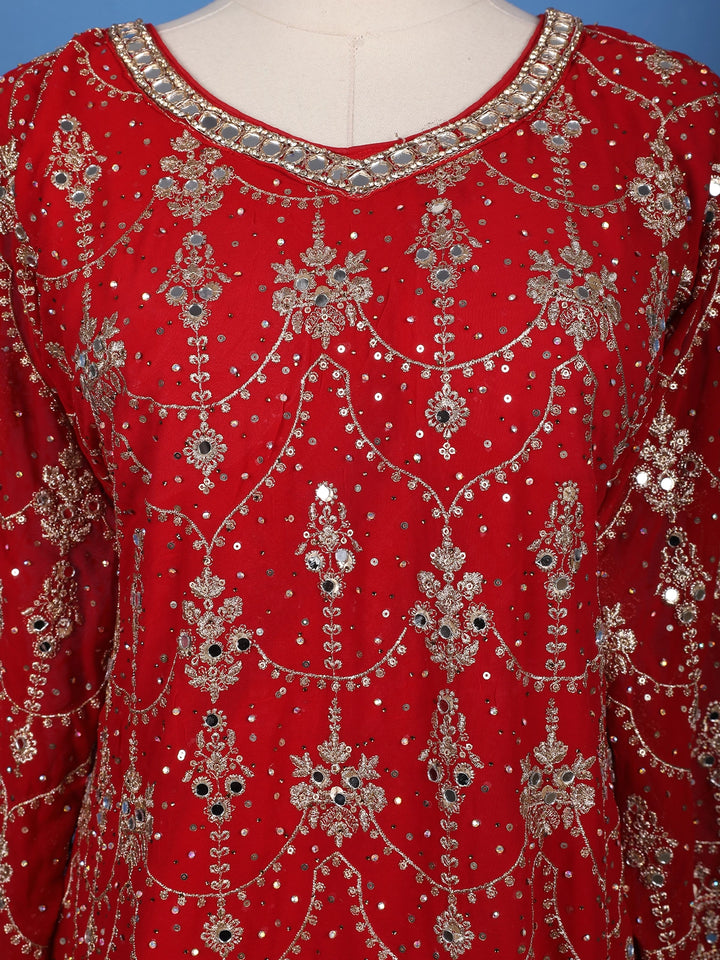 Red Floral Embroidered Georgette Palazzo Suit - Diadem
