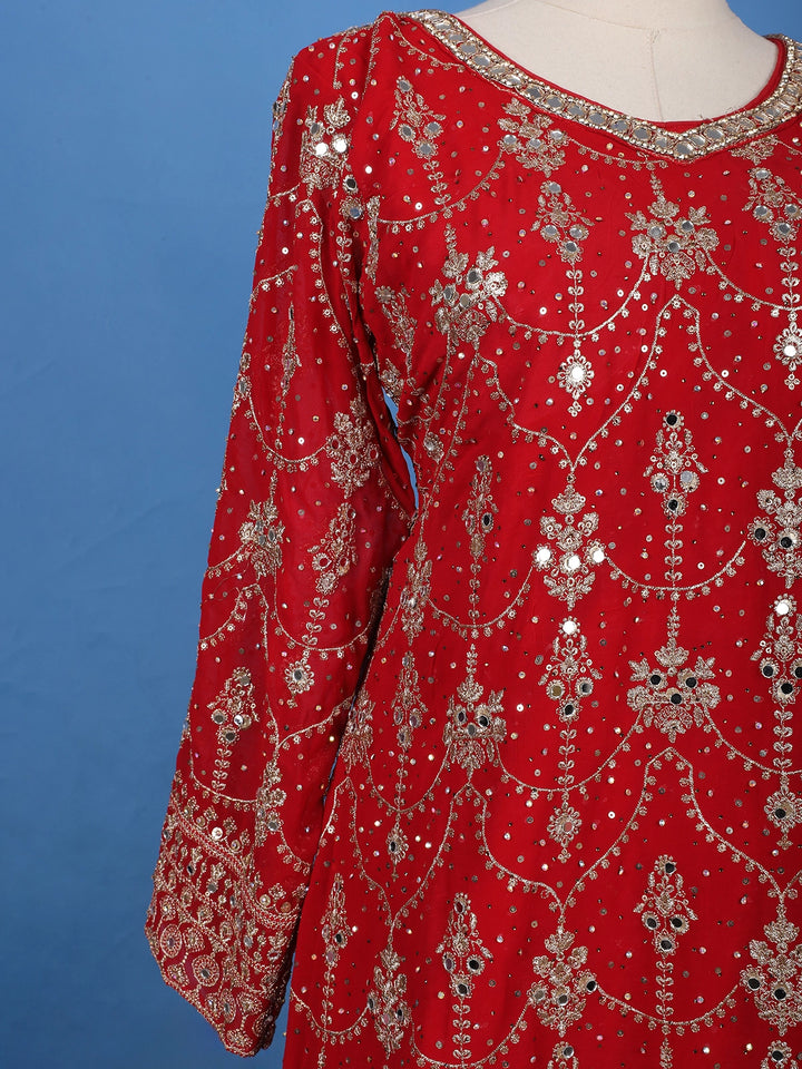 Red Floral Embroidered Georgette Palazzo Suit - Diadem