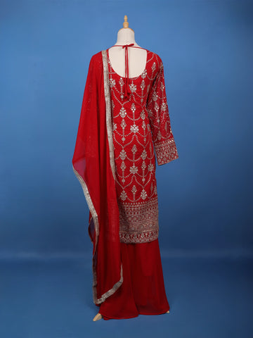 Red Floral Embroidered Georgette Palazzo Suit - Diadem