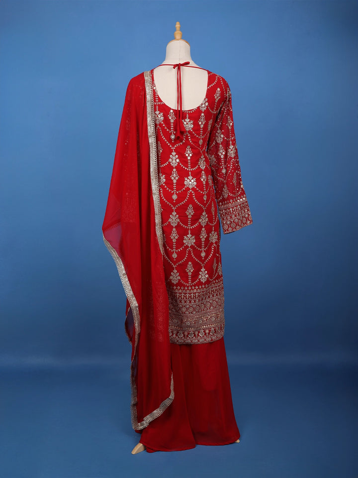 Red Floral Embroidered Georgette Palazzo Suit - Diadem