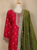 Red Floral Embroidered Silk Anarkali Salwar Suit With Olive Green Dupatta