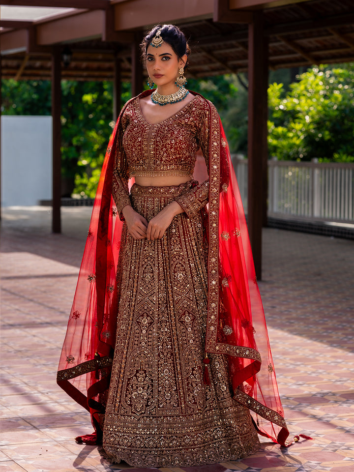 Red Floral Embroidery Bridal Net Lehenga - Diadem