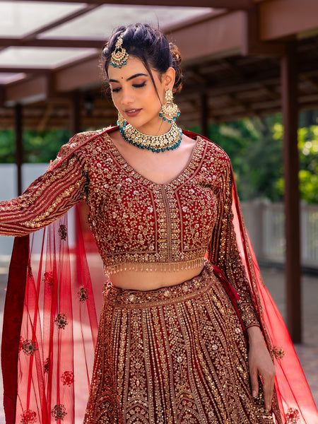 Red Floral Embroidery Bridal Net Lehenga - Diadem